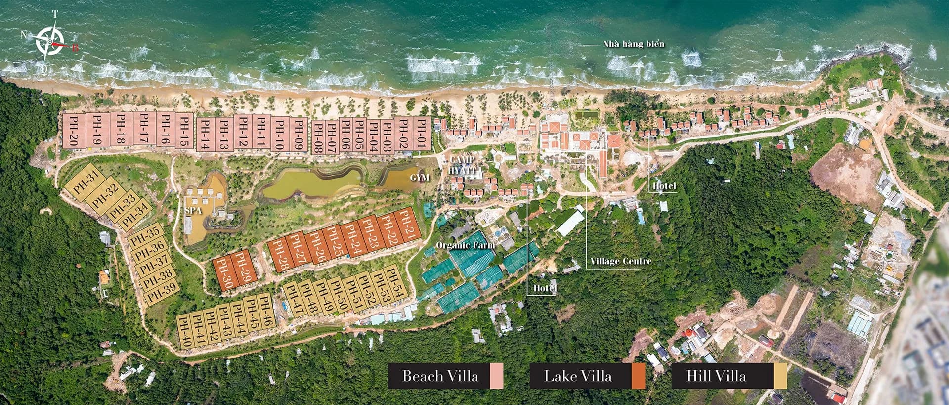 Mặt bằng tổng thể Park Hyatt Phu Quoc với vị trí Beach Villa, Lake Villa, Hill Villa