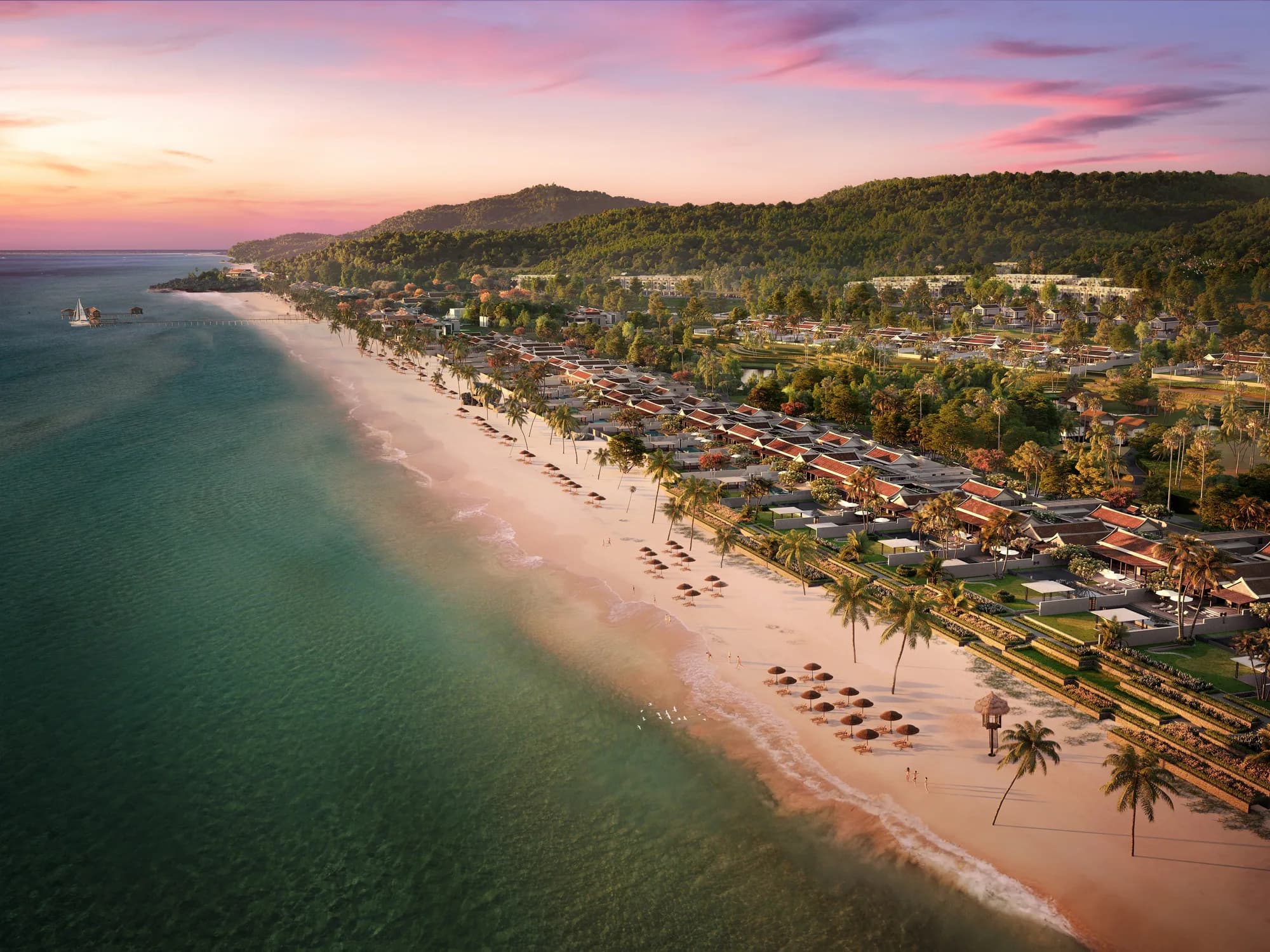 Phối cảnh toàn cảnh Park Hyatt Phu Quoc Residences bên bờ biển Bãi Trường lúc hoàng hôn